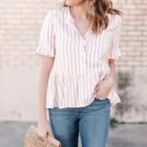 Ichi Striped Button-Up Blouse Women’s Size Med Short Sleeve Neutral Peplum Top